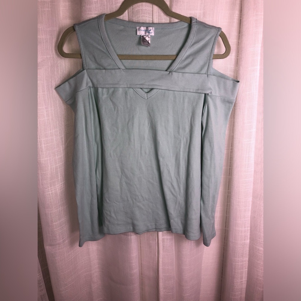 Women's Cold Shoulder Top - Light Blue/Teal - Picture 2 of 9
